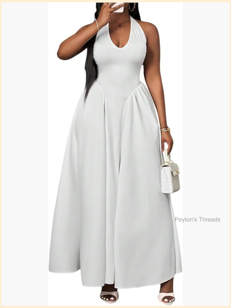 Deep V Neck Sleeveless Halter Maxi Dress Flowy A-Line Party Dress
